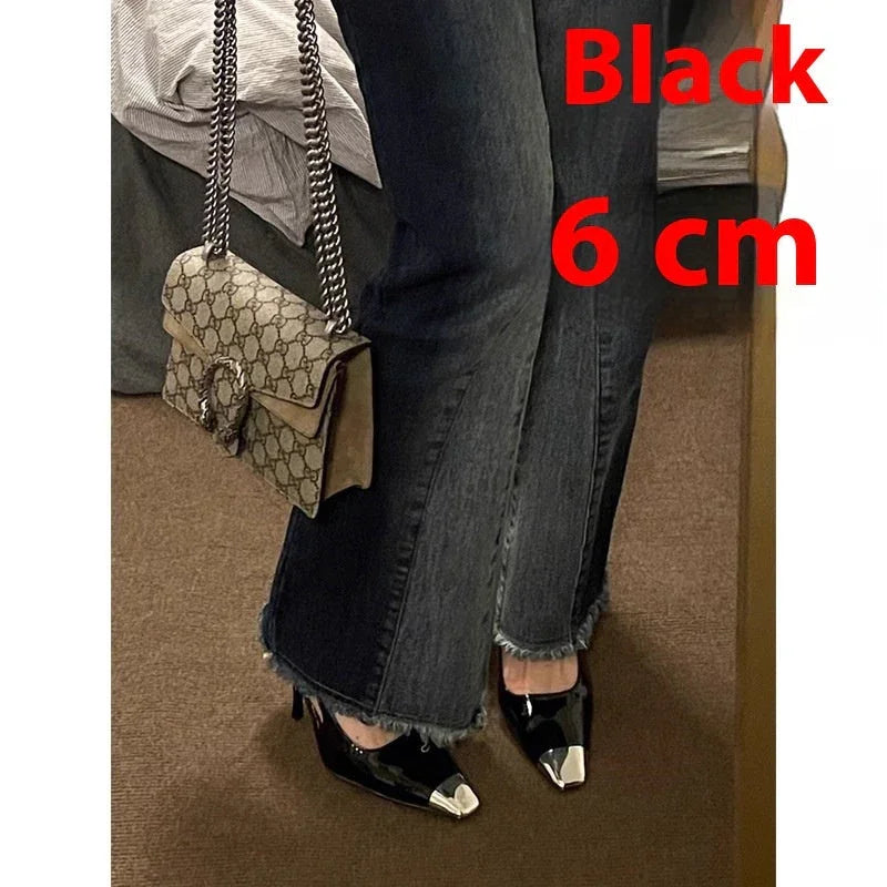 Women's Metal Square Toe Fine Heel With Black Sandals - VAleG