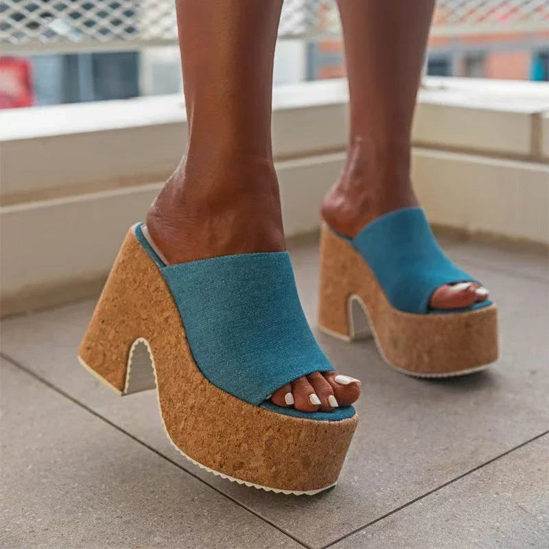 Platform Slippers Women's Light Blue One-line - VAleG