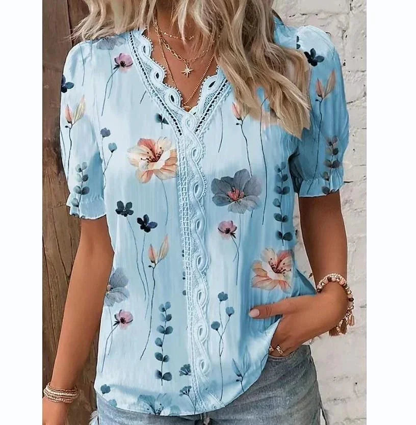 V-neck Holiday Fashion Floral Short Sleeve - VAleG