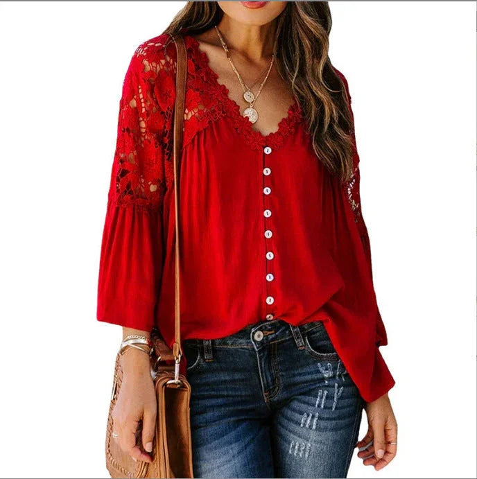 Womens Solid Color V Stitching Breasted Flared Sleeve Top - VAleG