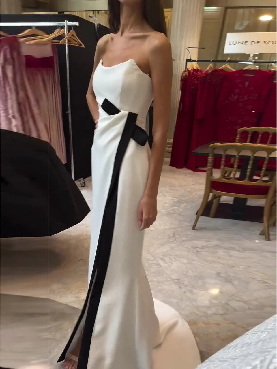 Strapless Black And White Contrasting Slit Dress - VAleG