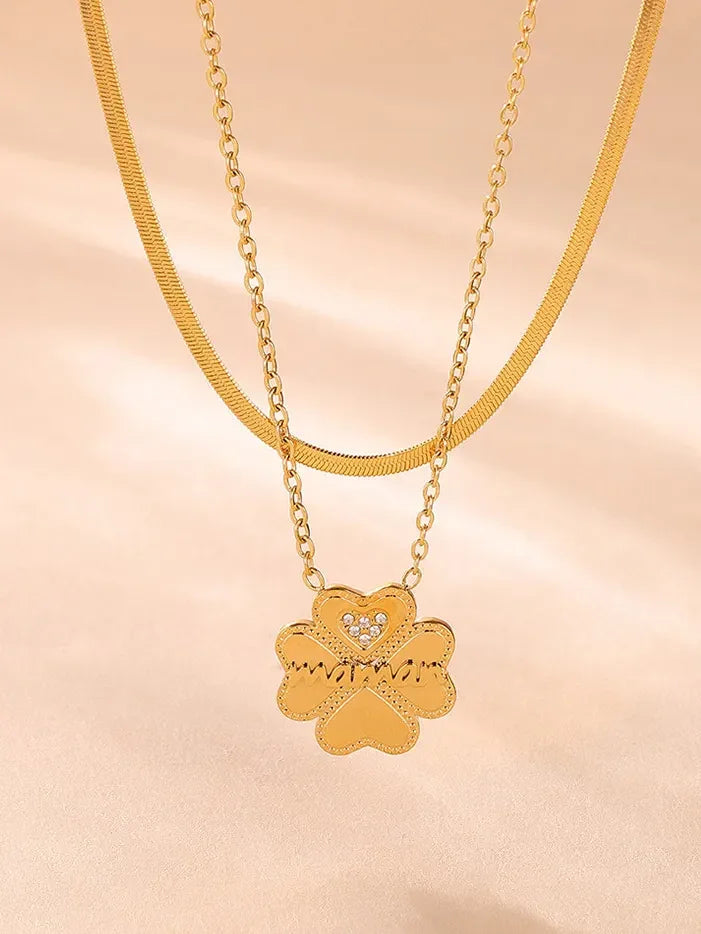 2 Piece 18K Gold-Plated Inlaid Zircon Lucky Clover Necklace - VAleG