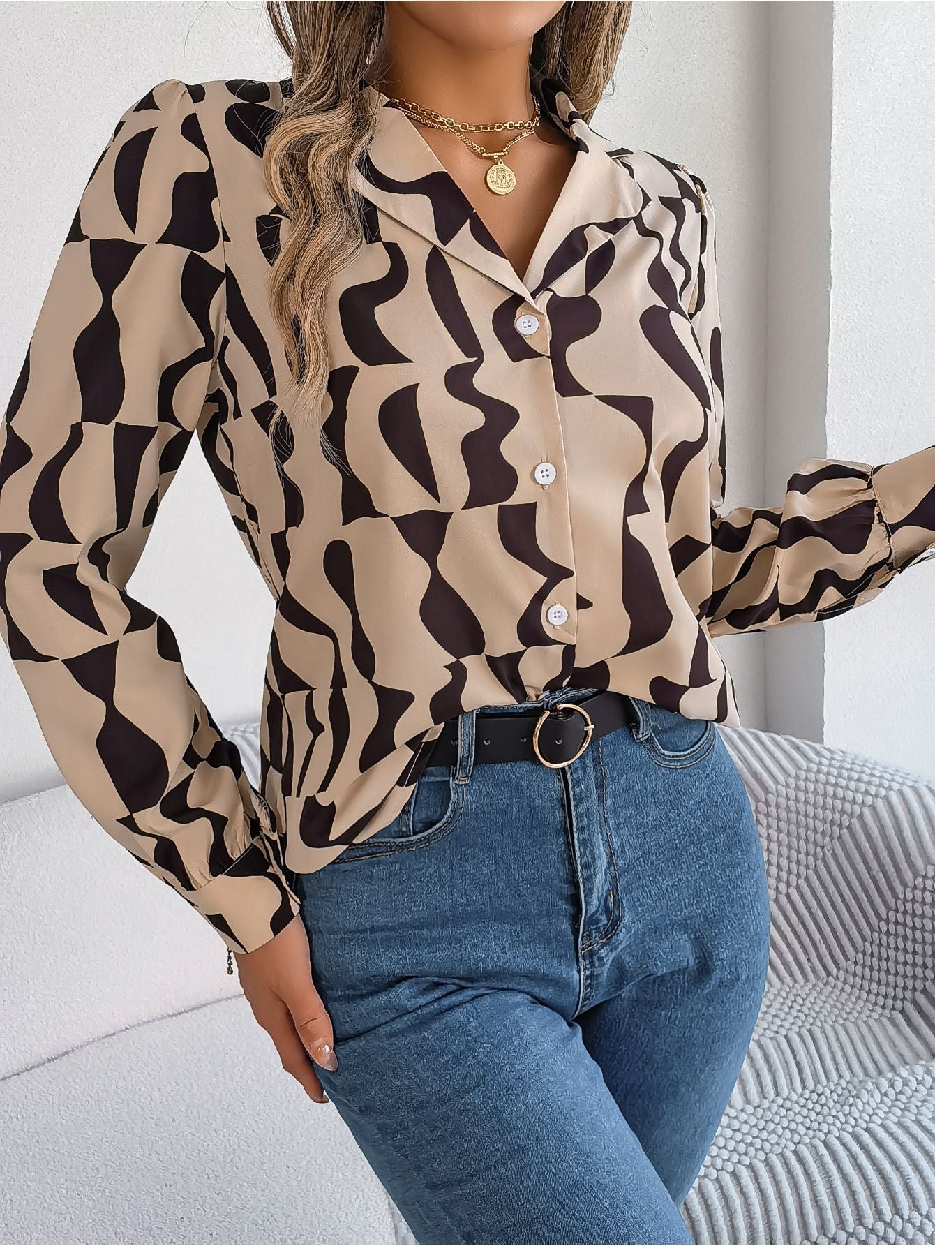 Commuting Elegant Contrast Color Striped Suit Collar Long Sleeve Shirt VAleG
