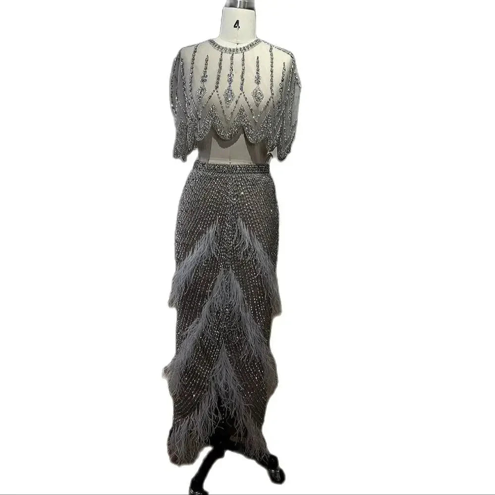 European And American Silver Nude Slim-fit Feather Shawl Host Performance Ladies' Evening Dress - VAleG
