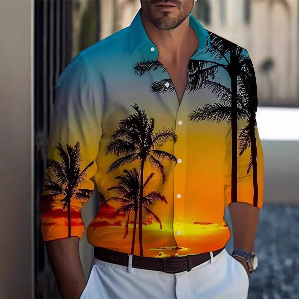 Men's Long Sleeve Shirt Palm Tree And Striped Printed Shirt Everyday Fashion Men's Casual Shirt - VAleG