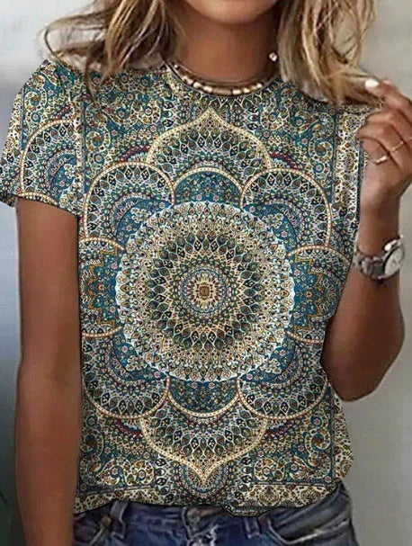 Round Neck Digital Print Short Sleeve Loose Women's T-Shirt - VAleG