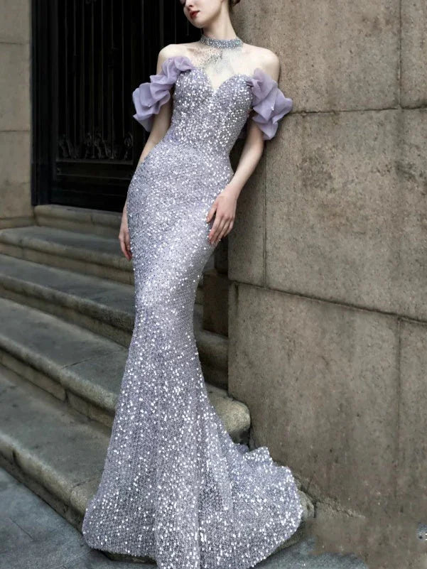 Purple Host Starry Sky Annual Meeting Beaded Toast Dress Halter Model Catwalk Fishtail - VAleG