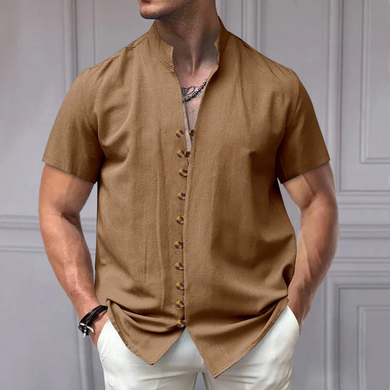 Linen Button Stand Collar Short Sleeve Shirt - VAleG