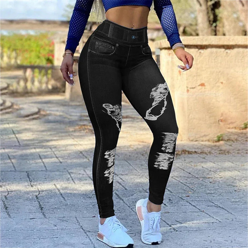 Ladies High Waist High Stretch Faux Denim Leggings - VAleG