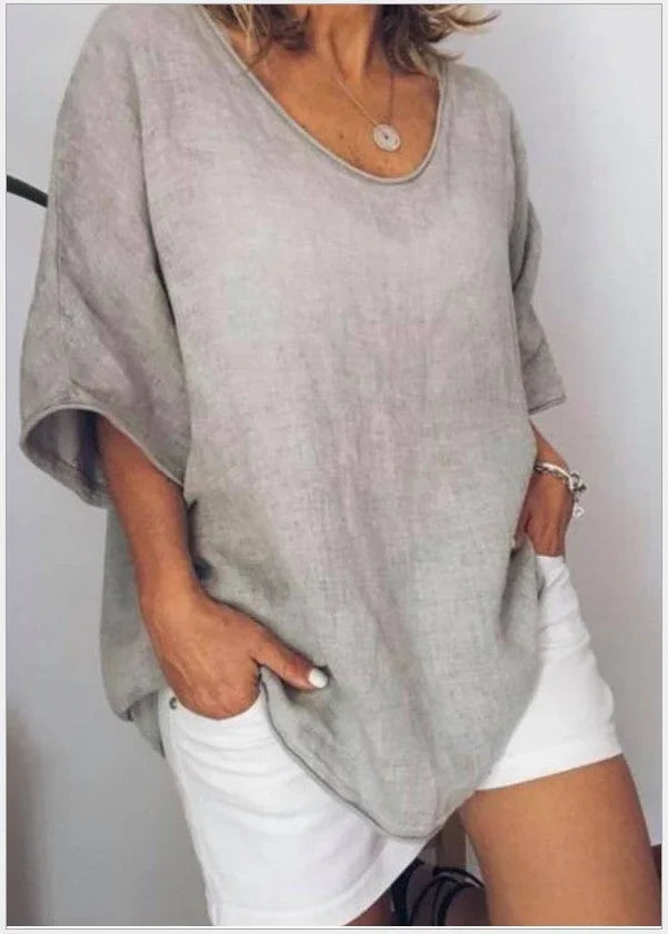 Cotton And Linen Solid Color Short-sleeved T-shirt Women's Casual Coat - VAleG