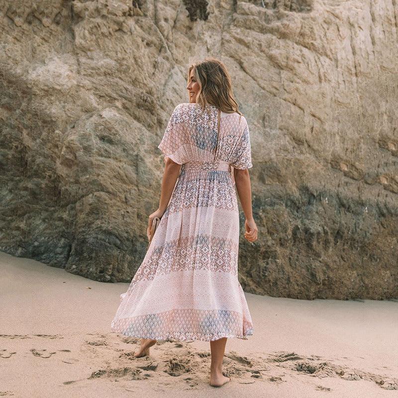 Women's Flowers Printed Dress Bohemian Irregular Beach Clothes - VAleG