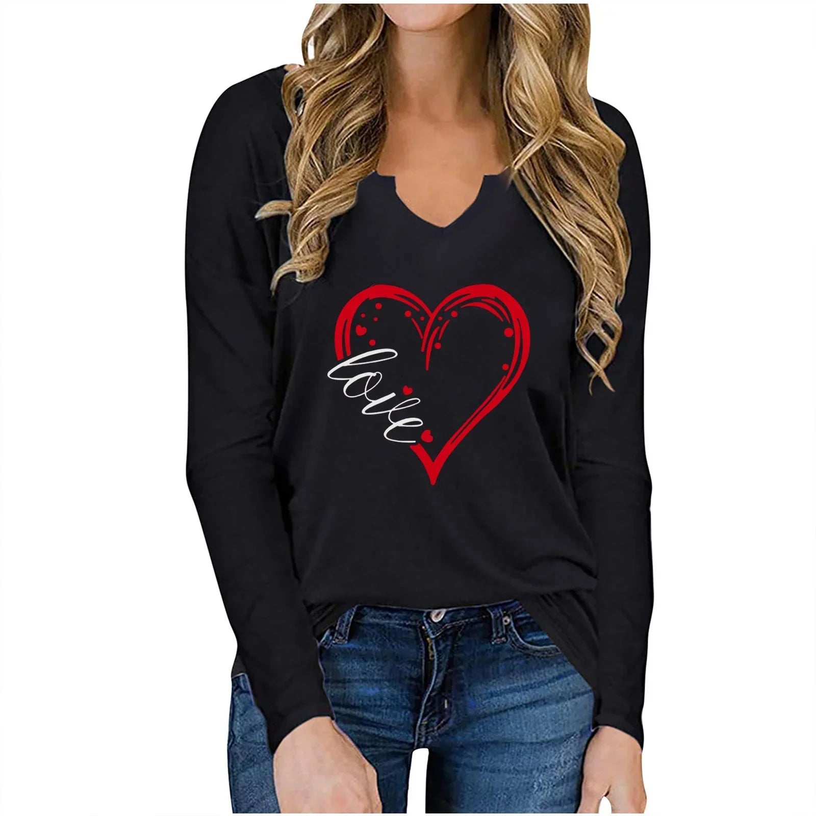 Vneck Valentines Day Printed Tshirt Cross-border Longsleeved Loose Top - VAleG