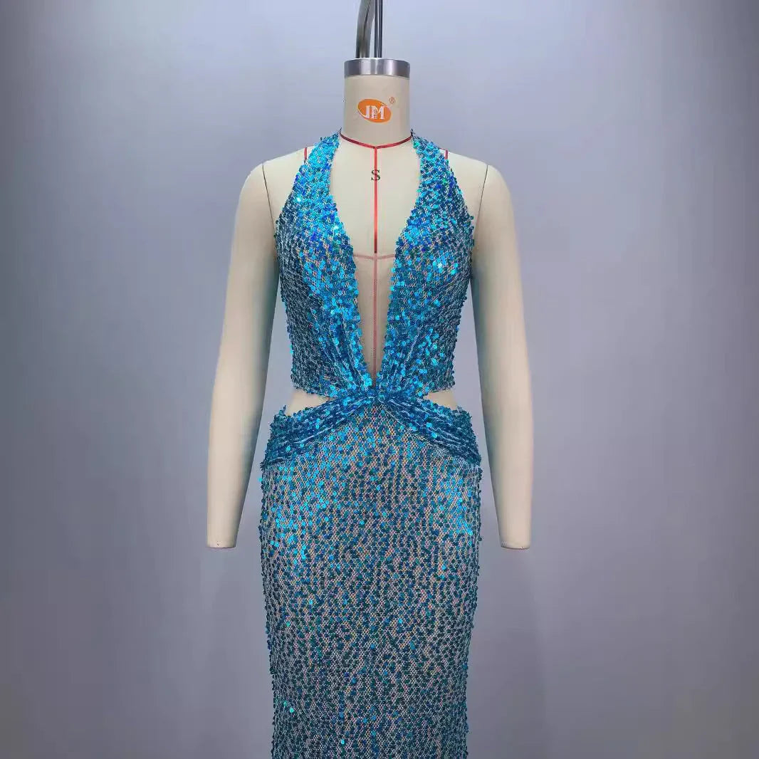 New Halter Deep V-neck Slim Slimming Party Stage Host Hostess Evening Dress - VAleG