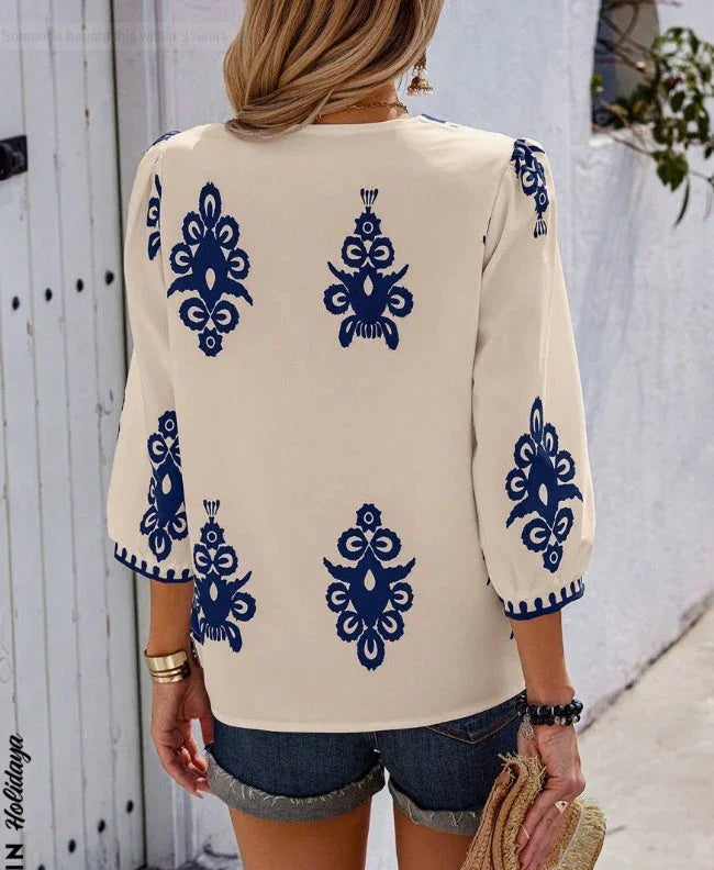 Holidaya Random Print V-Neck Casual Vacation Shirt For Women - VAleG