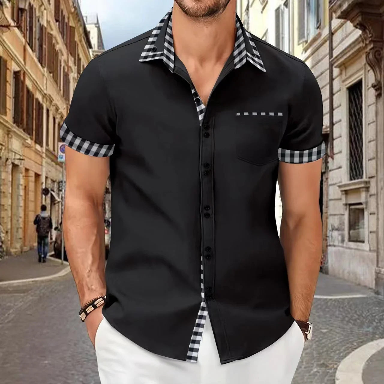 Men's Shirt Casual Pocket Stitching Contrast Color Top - VAleG