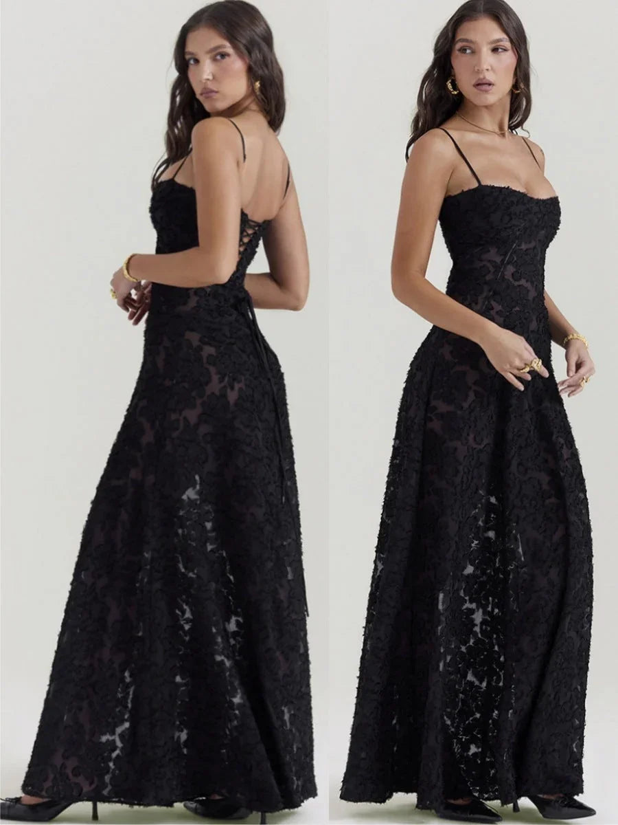 Fashion Suspender Lace Long Dress Summer Strapless Collar Elegant Evening Dresses For Women - VAleG