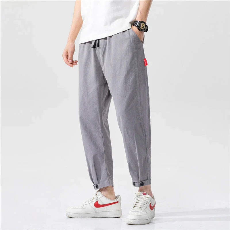 Men's Straight Casual Loose Cotton And Linen Cropped Pants - VAleG