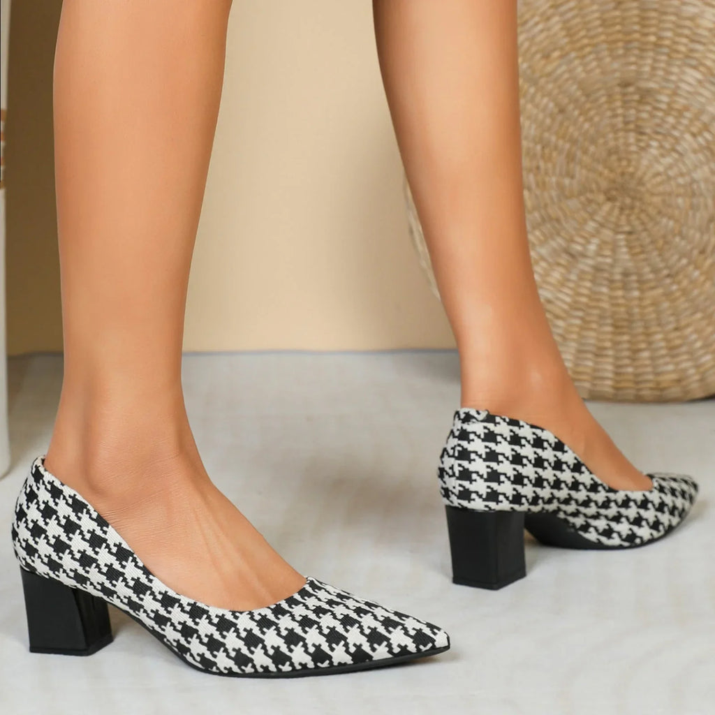 Houndstooth High Heels Women Low-cut Chunky Heel Shoes - VAleG