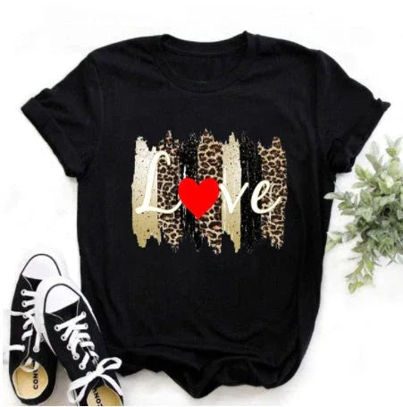 Leopard Print Love Lip Print Fashion Western Style Summer Ladies Print Short-sleeved T-shirt Top - VAleG