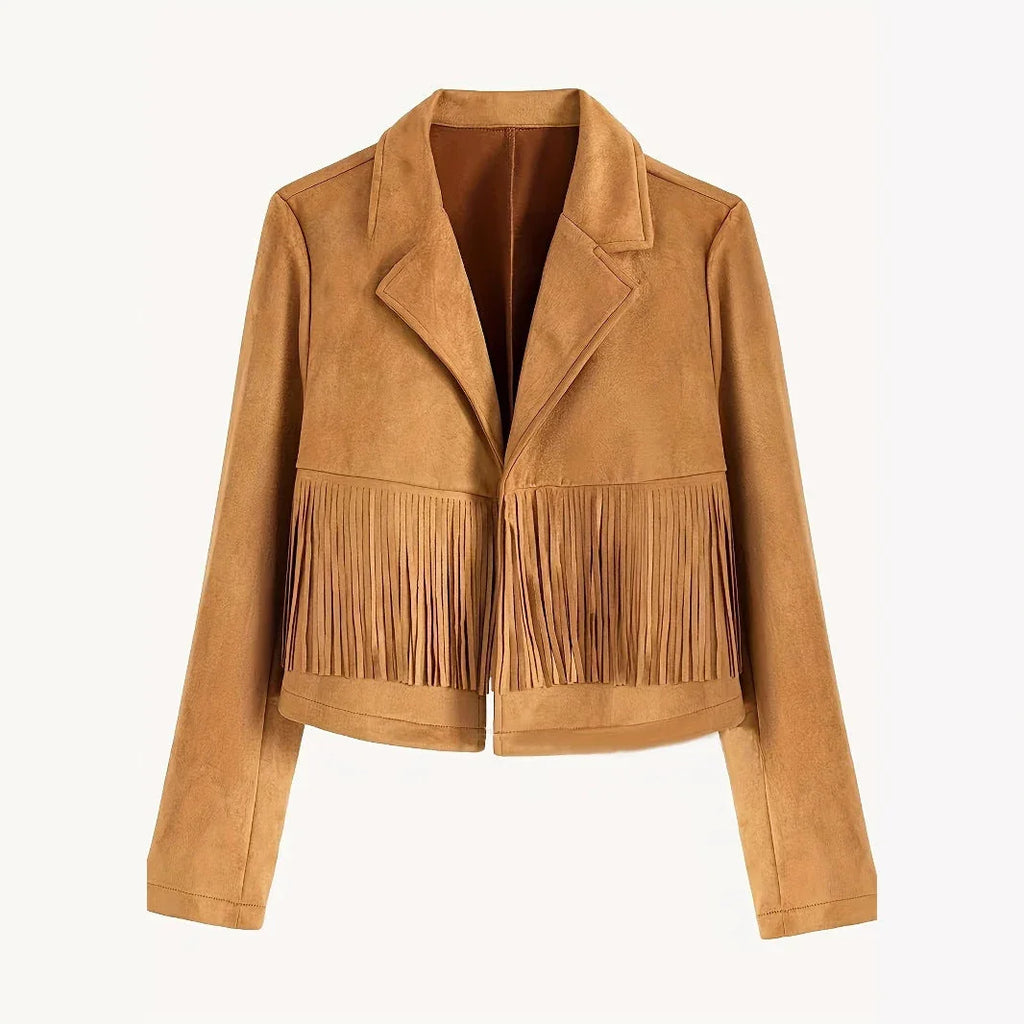 Women's Fashionable Suit Collar Long Sleeved Western Style Short Tassel Jacket - VAleG