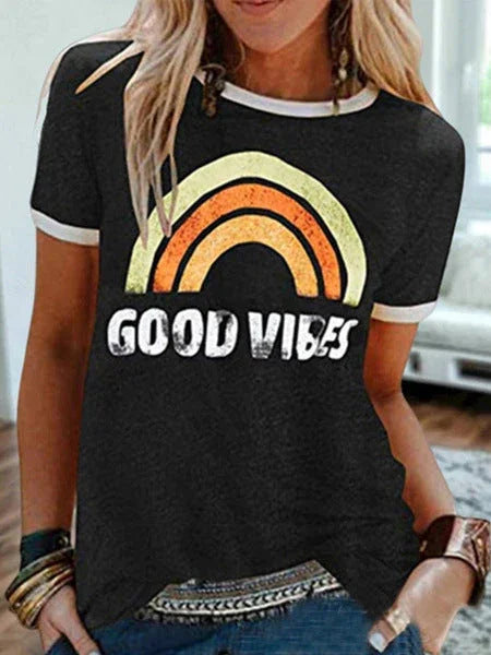 Women's Printed Round Neck Short Sleeve T-shirt - VAleG