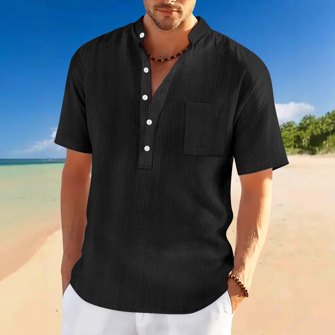 Stand Collar Short Sleeve Loose Leisure Vacation Henley Shirt - VAleG
