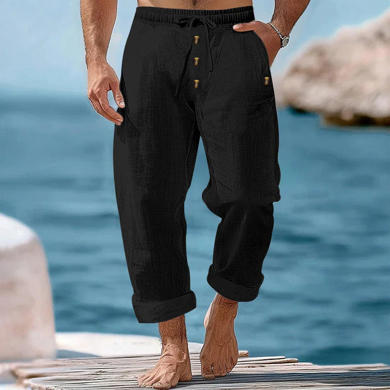 American Beach Pants Solid Color Cotton Linen Loose Drawstring Button Casual Trousers Men - VAleG