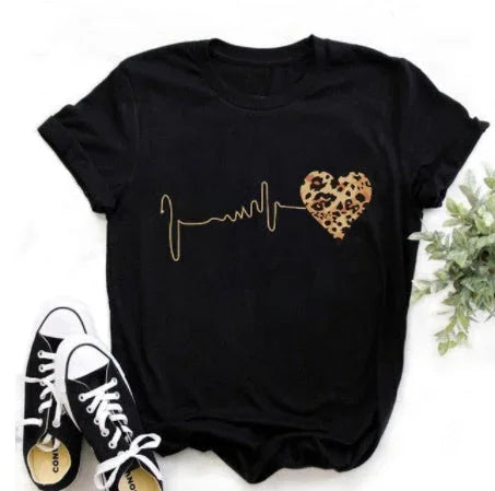 Leopard Print Love Lip Print Fashion Western Style Summer Ladies Print Short-sleeved T-shirt Top - VAleG