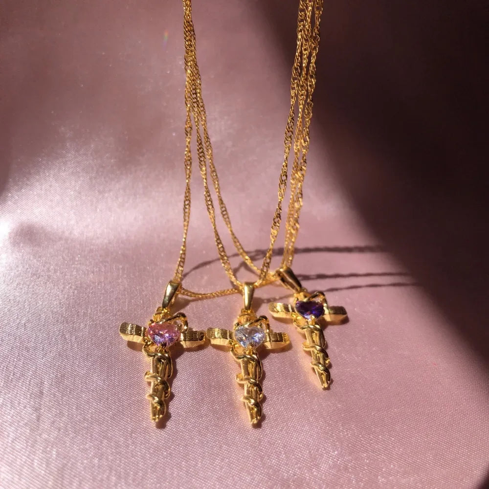 Copper Zircon Cross Pendant Necklace - VAleG