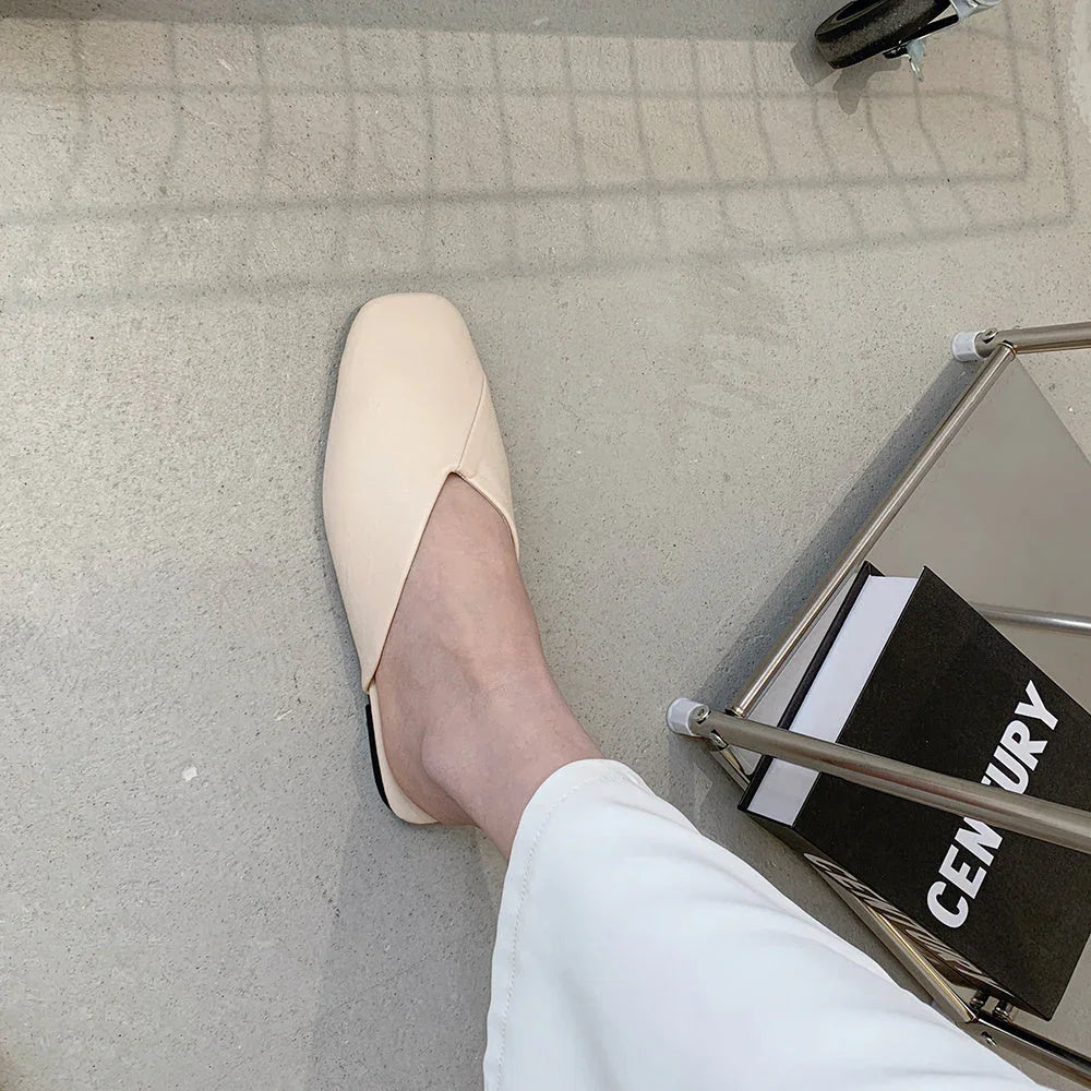 Square Toe Cap Half Slippers Women's Flat Plus Size Sandals - VAleG