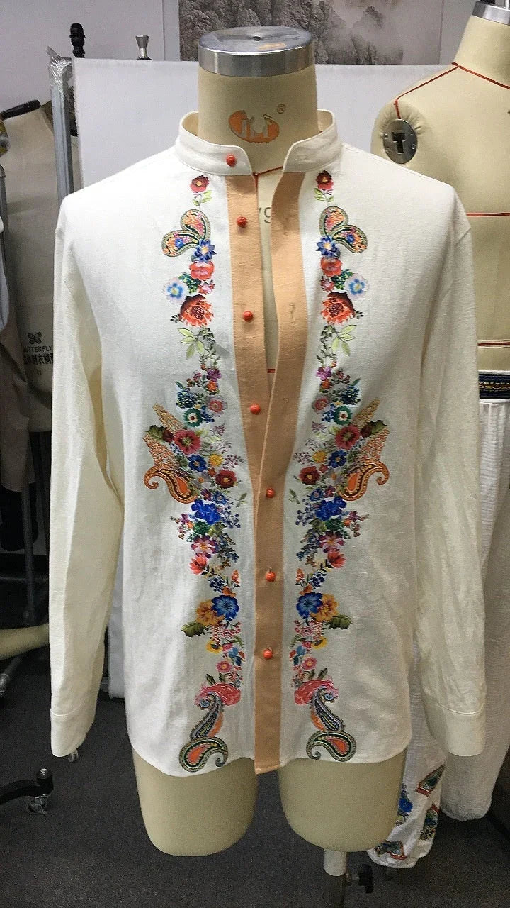 Retro Men's Casual Tops Open Collar Embroidered Shirt - VAleG
