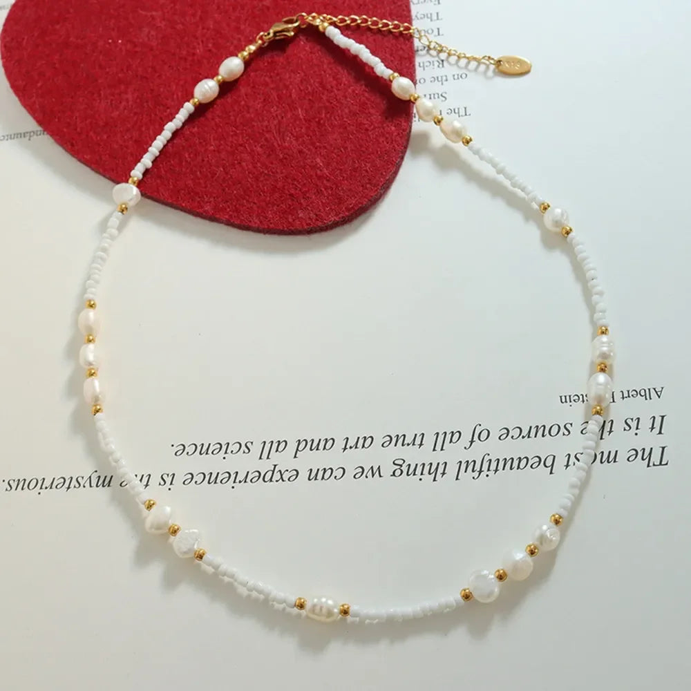 Titanium Steel Glass Bead Pearl Necklace - VAleG