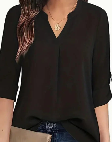 Chic Solid V-Neck Blouse - Fashionable Simplicity For Women - Relaxed Casual Long Sleeve Style - VAleG