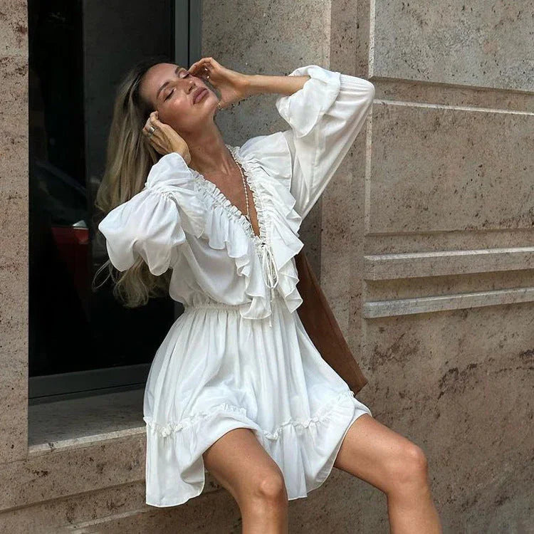 Fashion V Neck Pleated Ruffle Long Sleeve Dress Y2K V Neck Flared Sleeve Short Dress Women's Clothing - VAleG