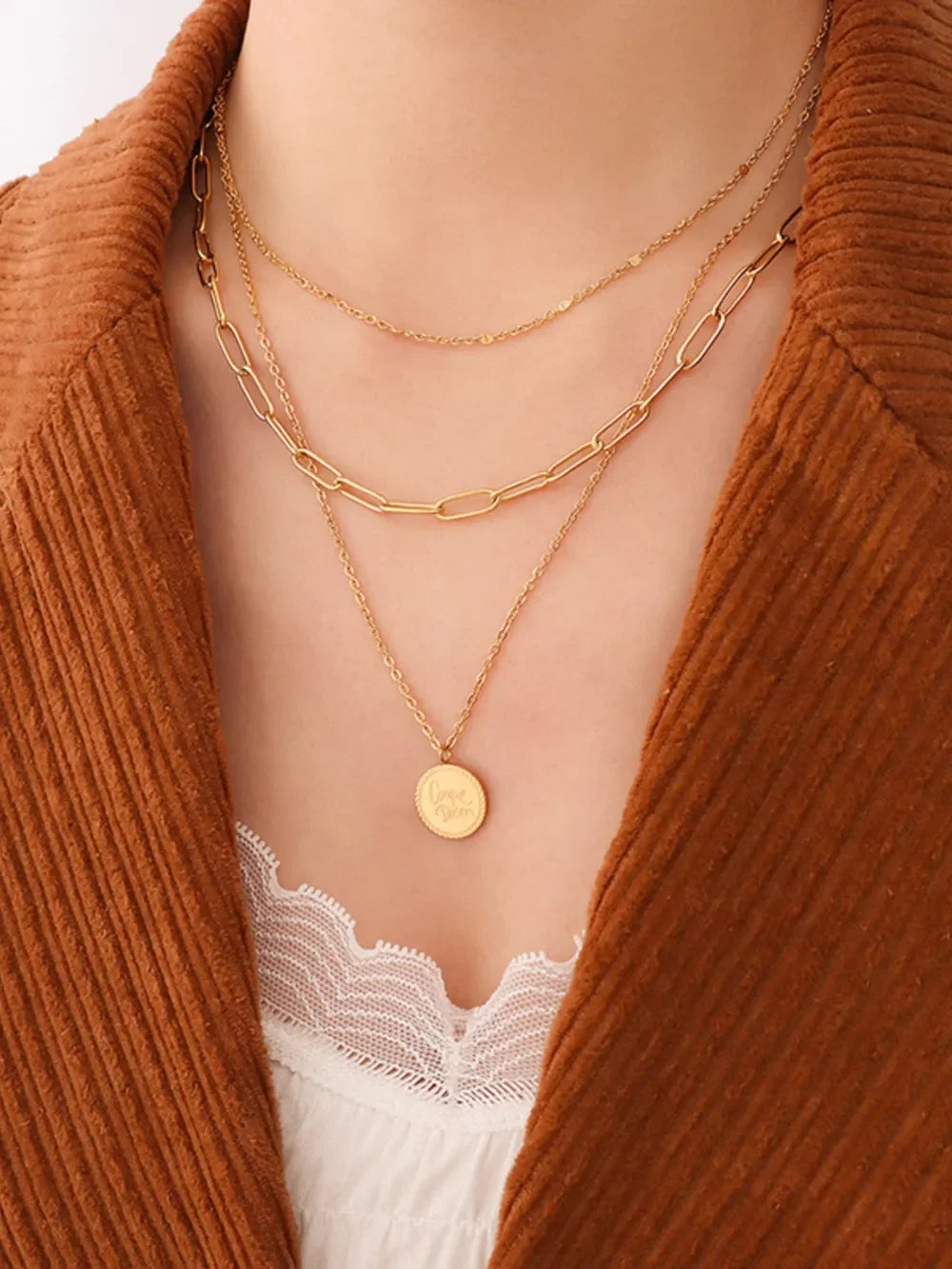 18K Gold-Plated Three-Layered Engraved Necklace - VAleG
