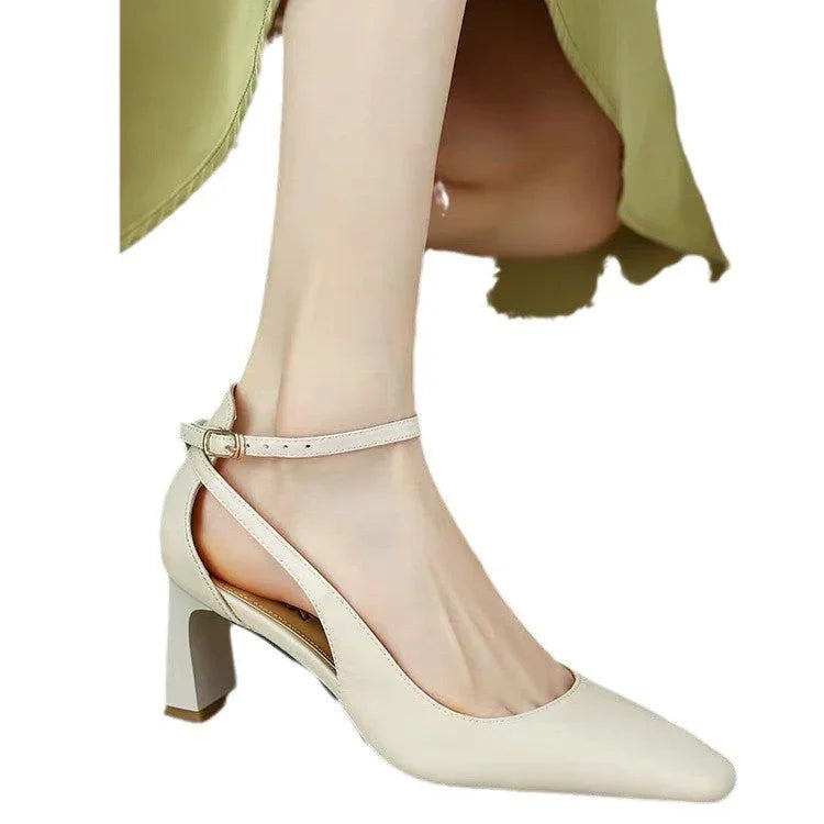 Square Toe Chunky Heel Pumps Women's Summer Mid Heel Soft Leather - VAleG