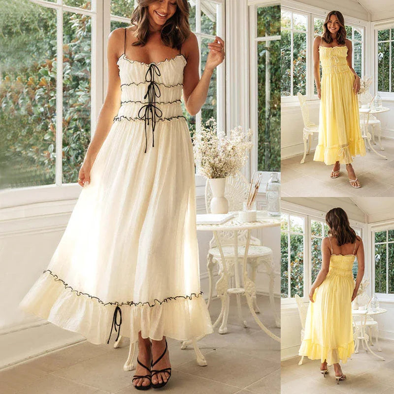 Summer Suspender Spaghetti Strap Long Dresses With Bow Pleat Design Fashion Sweet Bow Beach Dress For Womens Clothing - VAleG