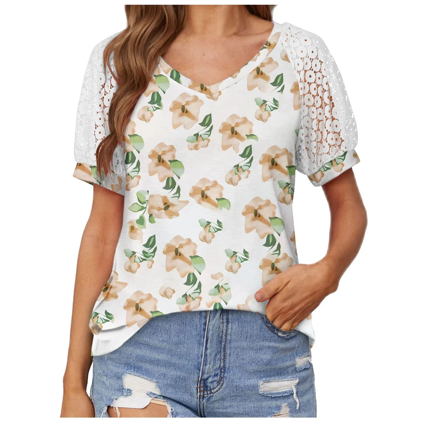 V-neck Lace Stitching Casual T-shirt For Women - VAleG