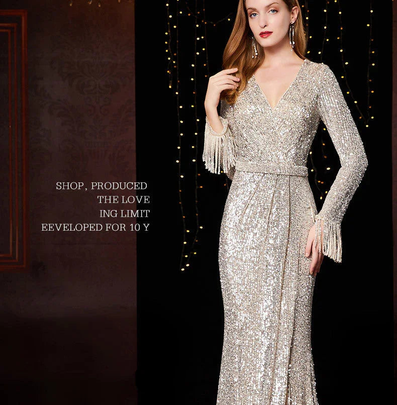 Temperament Banquet Ladies Sequined Annual Meeting Host Long Evening Dress - VAleG