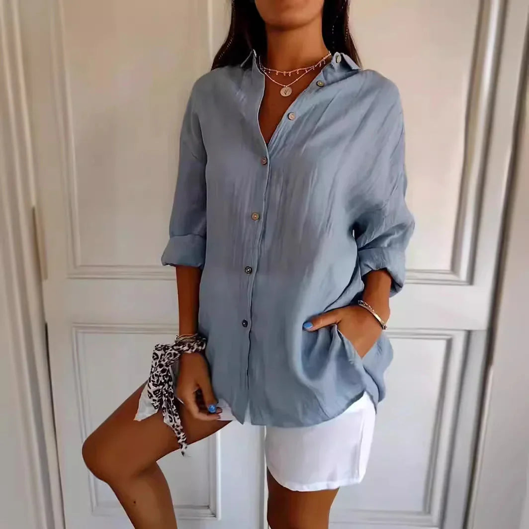 Lapel Long Sleeve Shirt Women's Single-breasted Pleated Shirt - VAleG