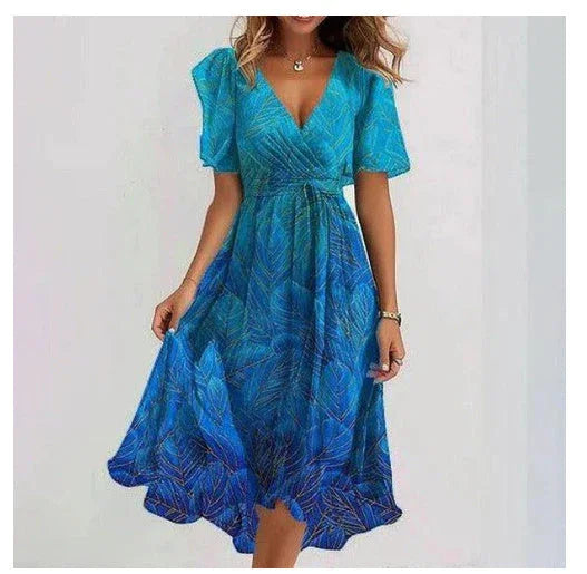 Chiffon Printed Short Sleeve Dress Summer Elegant V-neck Dresses Womens Clothing - VAleG