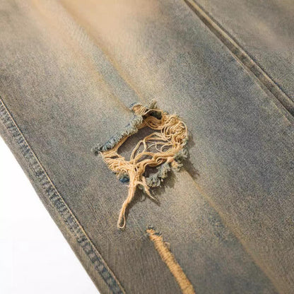 Retro Washed Ripped Jeans Loose Straight Casual Trousers - VAleG