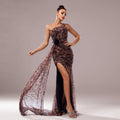 One-shoulder Diagonal Collar Leopard Sequined Evening Dress - VAleG