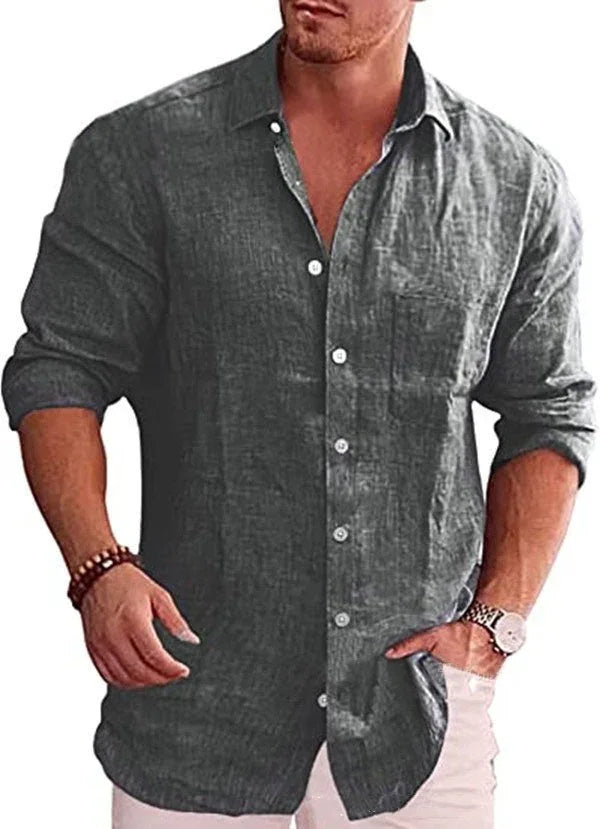 Men's Loose Plus Size Solid Color Shirt Linen Lapel Long Sleeve Casual Shirt - VAleG