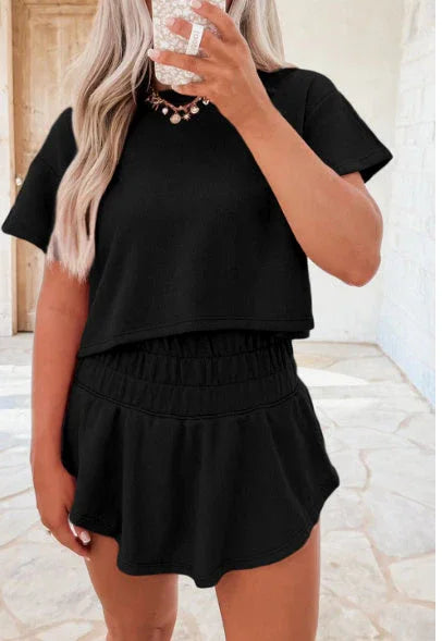 Black 2pcs Cropped Tee And Ruffle High Waist Skort Set - VAleG