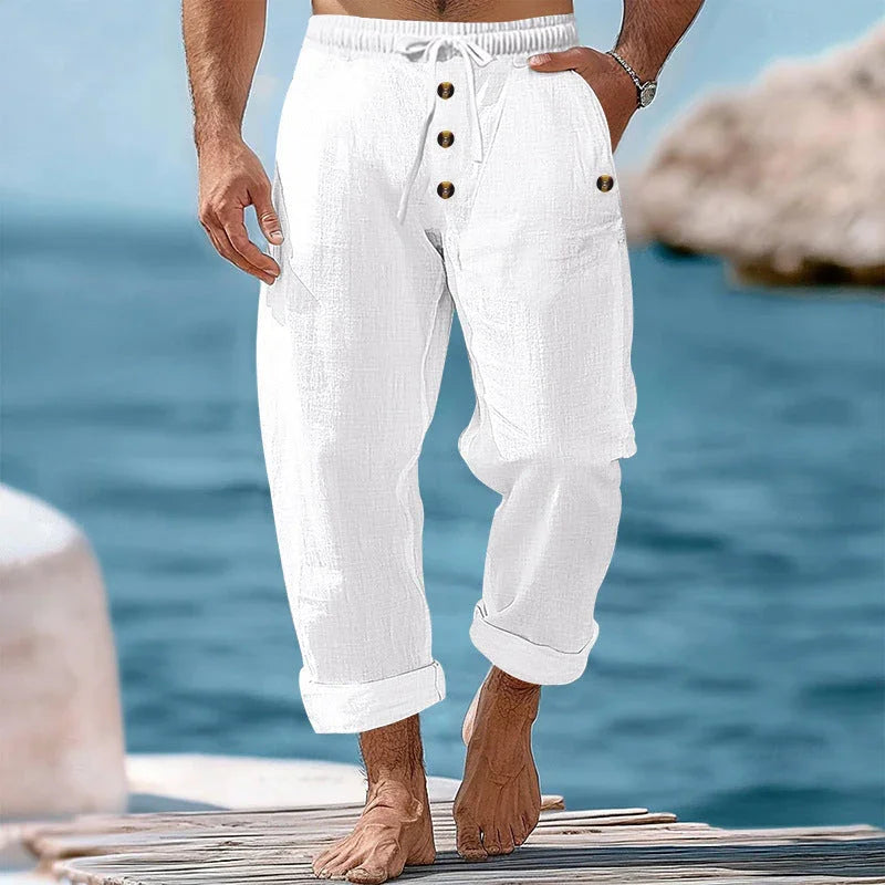 American Beach Pants Solid Color Cotton Linen Loose Drawstring Button Casual Trousers Men - VAleG
