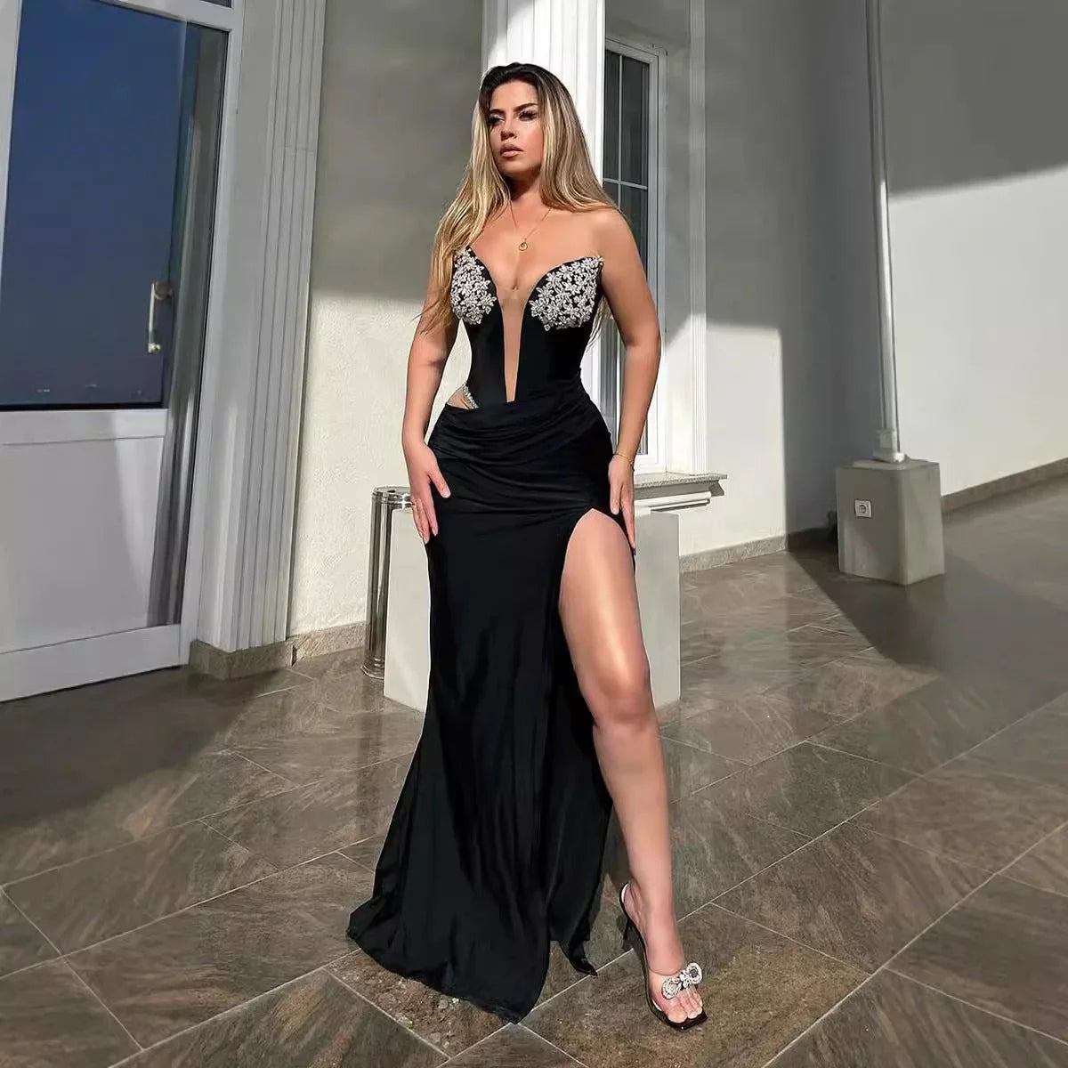 Women's Black Bandeau Slim-fit Hot Drilling Long Dress - VAleG