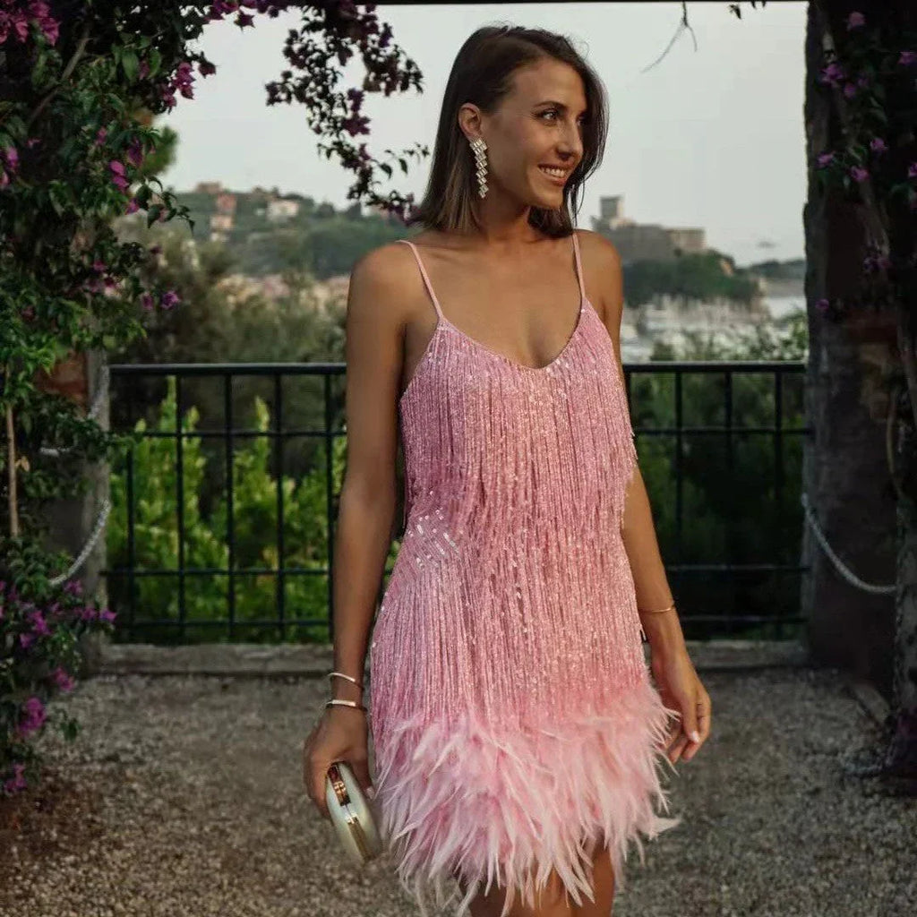 Sexy Tassel Sequins Feather Summer Mini Dress Women V Neck Spaghetti Strap Stitching Dresses Female Elegant Evening Party Club Dress - VAleG
