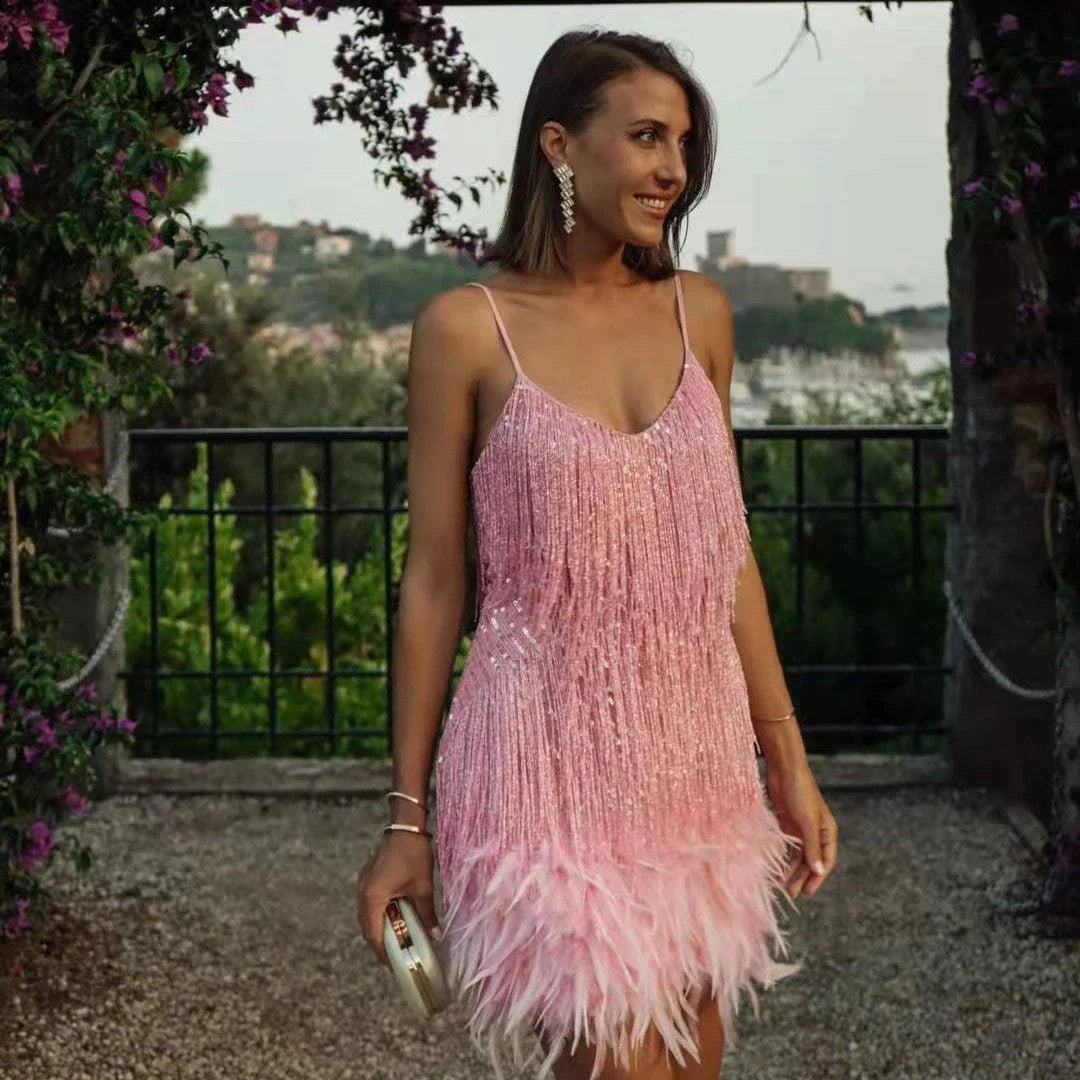 Sexy Tassel Sequins Feather Summer Mini Dress Women V Neck Spaghetti Strap Stitching Dresses Female Elegant Evening Party Club Dress - VAleG