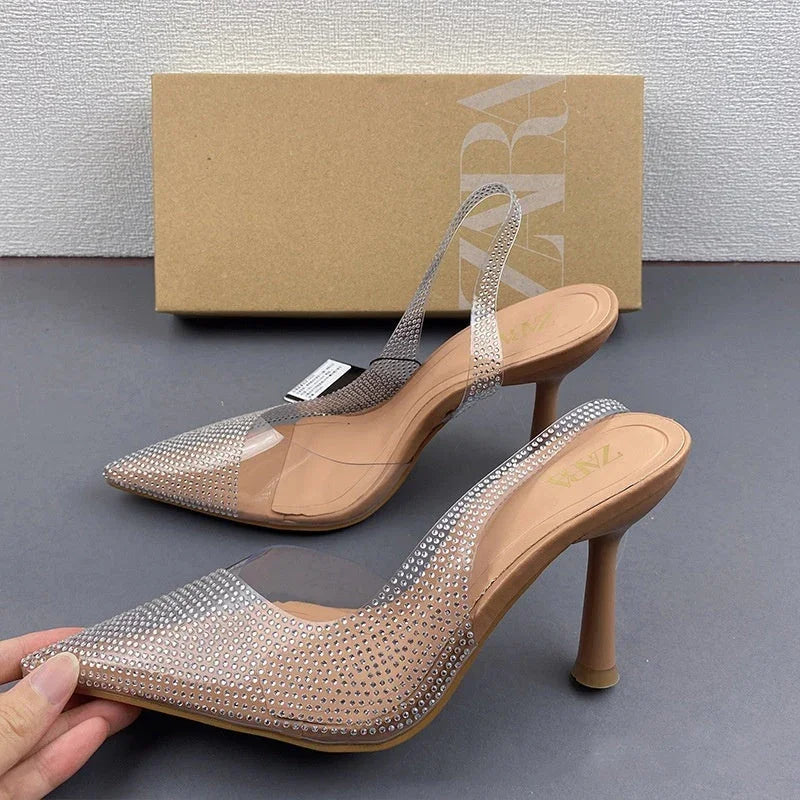 Women's Natural Color Shiny Ornament Rhinestone Pointed Toe Low-cut High Heels - VAleG